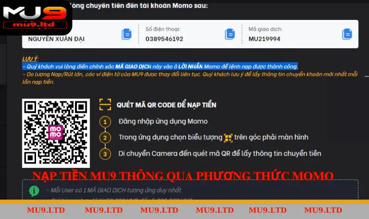 Nạp tiền MU9 thông qua phương thức MOMO 
